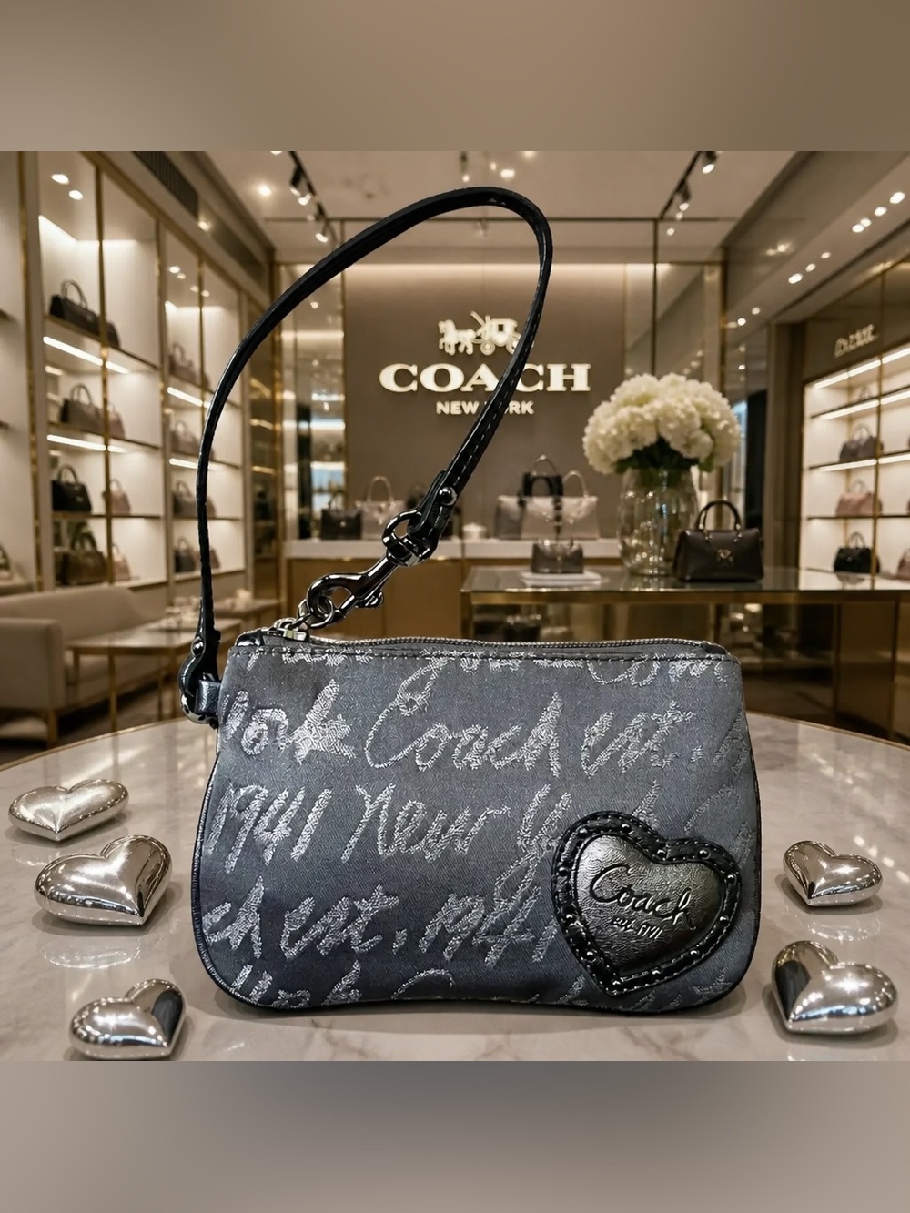 EUC COACH  POPPY  GRAFFITY SCRIPT HEART SILVER WRISTLE